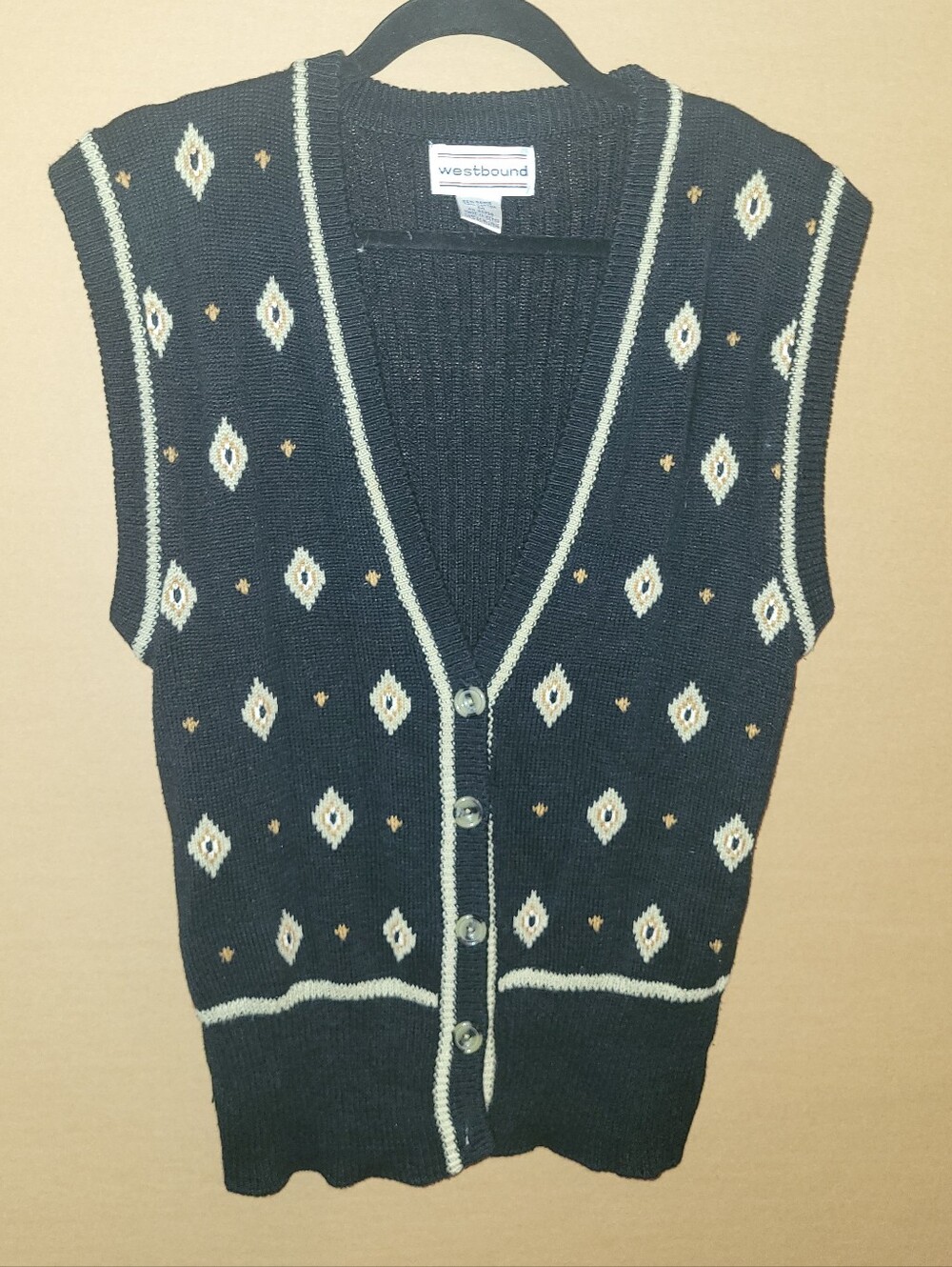 Vintage Westbound Black Gold Sleeveless Sweater Cardigan Vest Diamond Pattern M